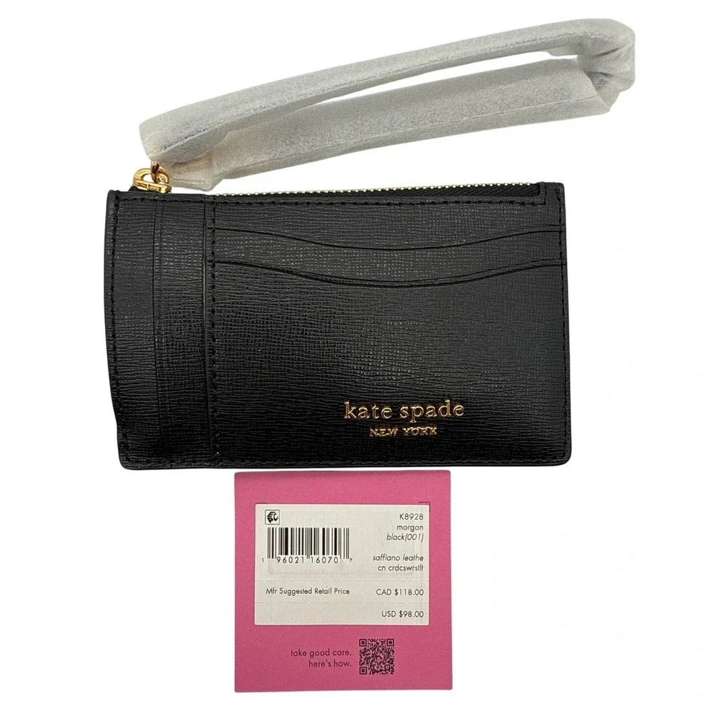 Kate Spade Morgan Card Case Wristlet Black Saffiano Leather K8928 New